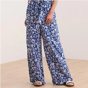 Hatley Belted Wide Leg Beachy Flowy Pants -Wavy Flowers - Blue & White - Sz S/P